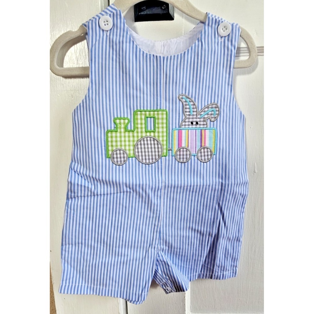 LIL‎ CACTUS baby boy 3-6 months blue stripe Bunny train shortalls